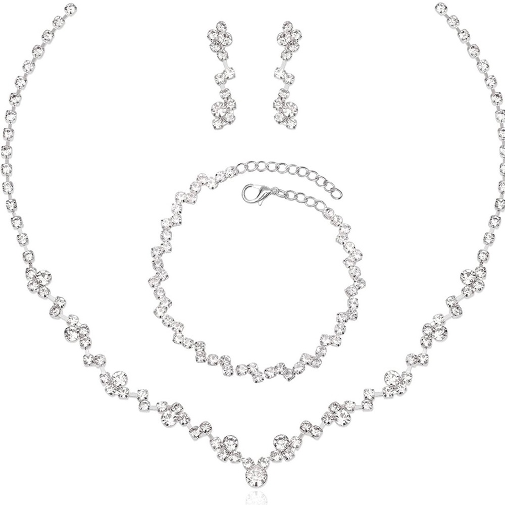 3 Piece Silver Necklace~ Earrings ~Bracelet Crystal Bridal Wedding Jewelry Set